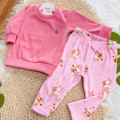 Conj. Blusa em Malha Cotele e Calça em Plush Esquila - Rosa